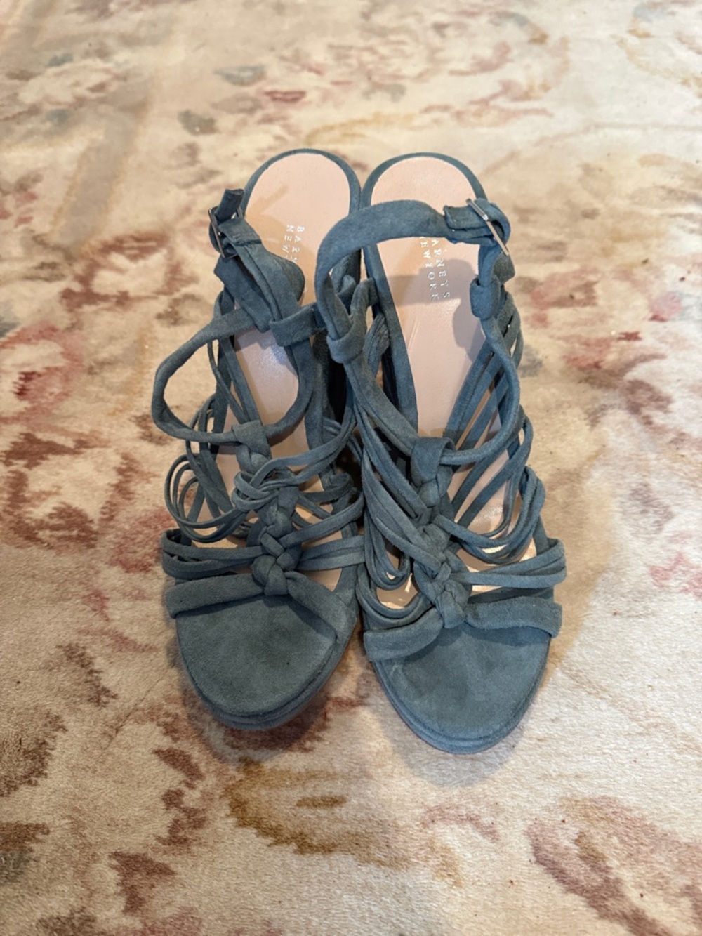 Barneys New York Teal Suede Lace-Up Strappy Sandals